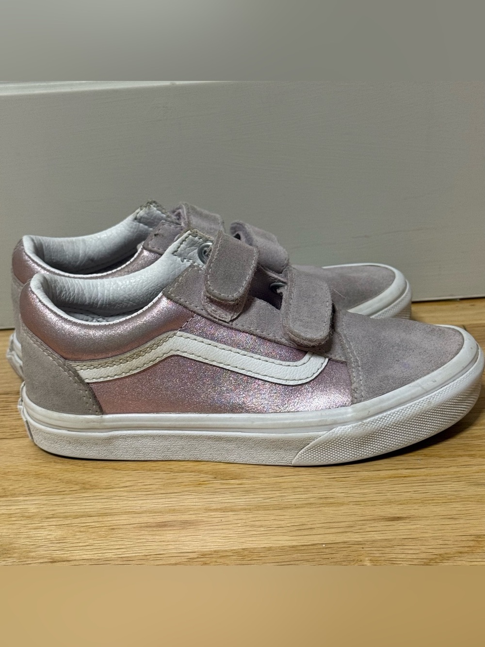 Vans Old Skool V Kids Purple Metallic Hook and Loop Sneakers 1 youth shoes